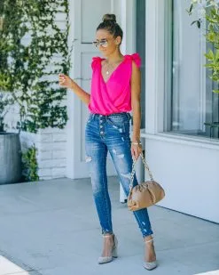 STRU-001 Marabelle Satin Drape Tie Bodysuit - Fuchsia - FINAL SALE -clothes Sales FO6C5486