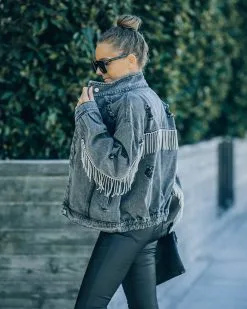 POL-001 Pyper Pocketed Fringe Rhinestone Denim Jacket - LAST CHANCE
