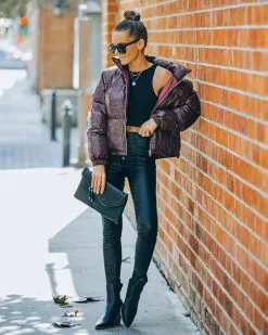 TCEC-001 Giada Pocketed Python Puffer Jacket - Burgundy - FINAL SALE