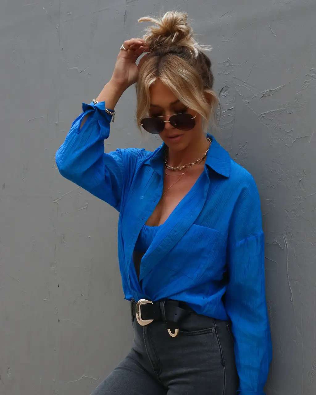 Taylar Plisse Button Down Top + Bralette - Blue - SALE 5 Taylar Plisse Button Down Top + Bralette - Blue - SALE - Image 5