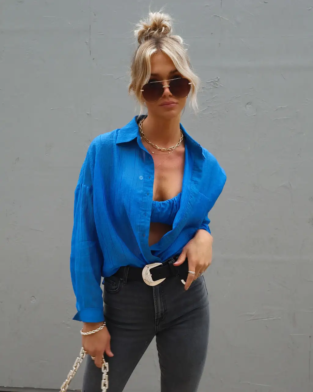 Taylar Plisse Button Down Top + Bralette - Blue - SALE 6 Taylar Plisse Button Down Top + Bralette - Blue - SALE - Image 6