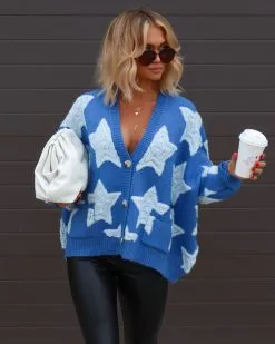 BUCK-001 Chasing The Stars Pocketed Oversized Cardigan - Blue - FINAL SALE