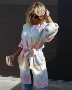 Shades Of Happiness Knit Pocketed Tie Waist Cardigan - Multi - SALE