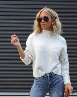 Clever One Knit Mock Neck Pullover Sweater - Cream