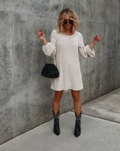 Winter Date Night Chenille Balloon Sleeve Mini Dress - Oatmeal - FINAL SALE