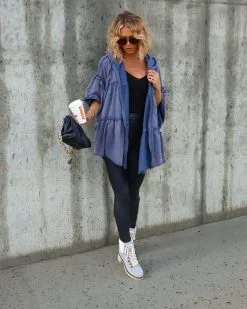 Lizzie Oversized Tiered Ruffle Zip Up Hoodie - Washed Navy - FINAL SALE