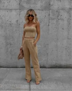 EMOR-001 Darcey Cotton Pocketed Drawstring Pants - Tan - FINAL SALE