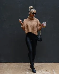 BLUE-001 Adalynn Cable Knit Turtleneck Sweater Vest - Camel - FINAL SALE