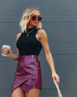 DEE-001 Something Else Faux Leather Side Zipper Mini Skirt - Burgundy - FINAL SALE