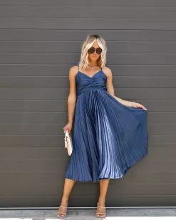 Classic Bombshell Satin Pleated Midi Dress - Midnight Blue - FINAL SALE