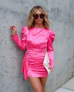 STRU-001 Katherina Satin Embossed Ruched Mini Dress - Pink - FINAL SALE
