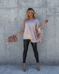 Citizen Of The World Satin One Shoulder Top - Champagne - FINAL SALE