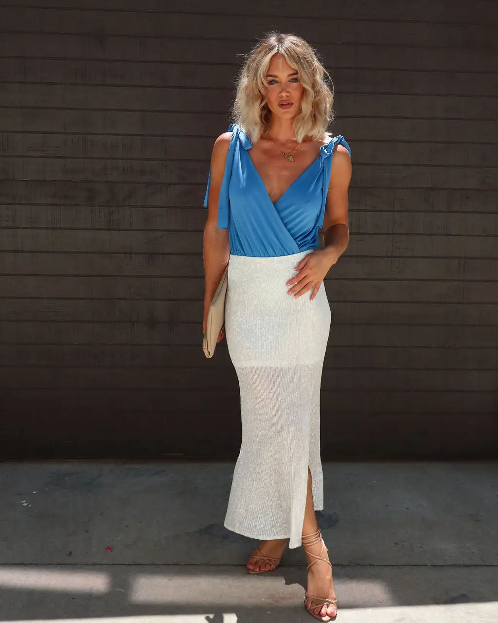 BLUE-001 Winfrey Drape Shoulder Tie Bodysuit - Blue 5 BLUE-001 Winfrey Drape Shoulder Tie Bodysuit - Blue - Image 5