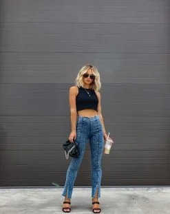 LUMI-001 Kurtis Acid Wash Split Hem Pants - Blue - FINAL SALE