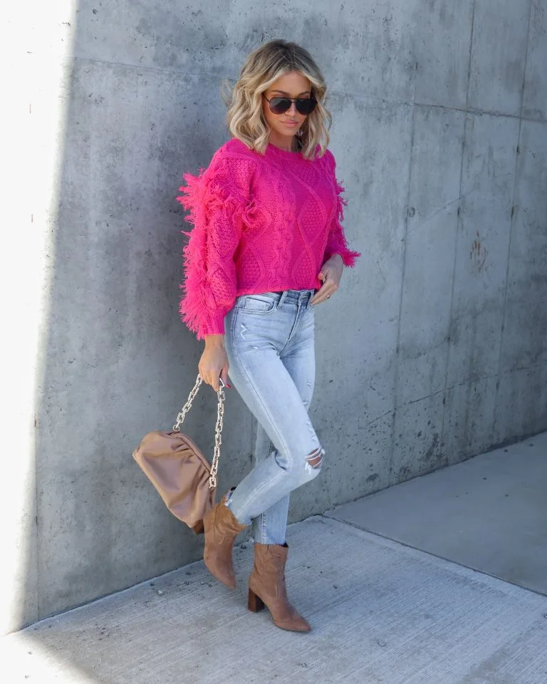 Sun Goes Down Cable Knit Fringe Pullover Sweater - Magenta - FINAL SALE 1 Sun Goes Down Cable Knit Fringe Pullover Sweater - Magenta - FINAL SALE