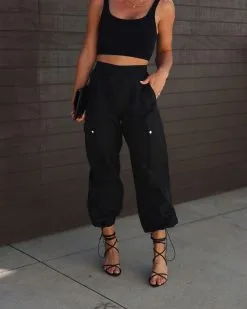 Let's Rewind Cargo Nylon Pants - Black