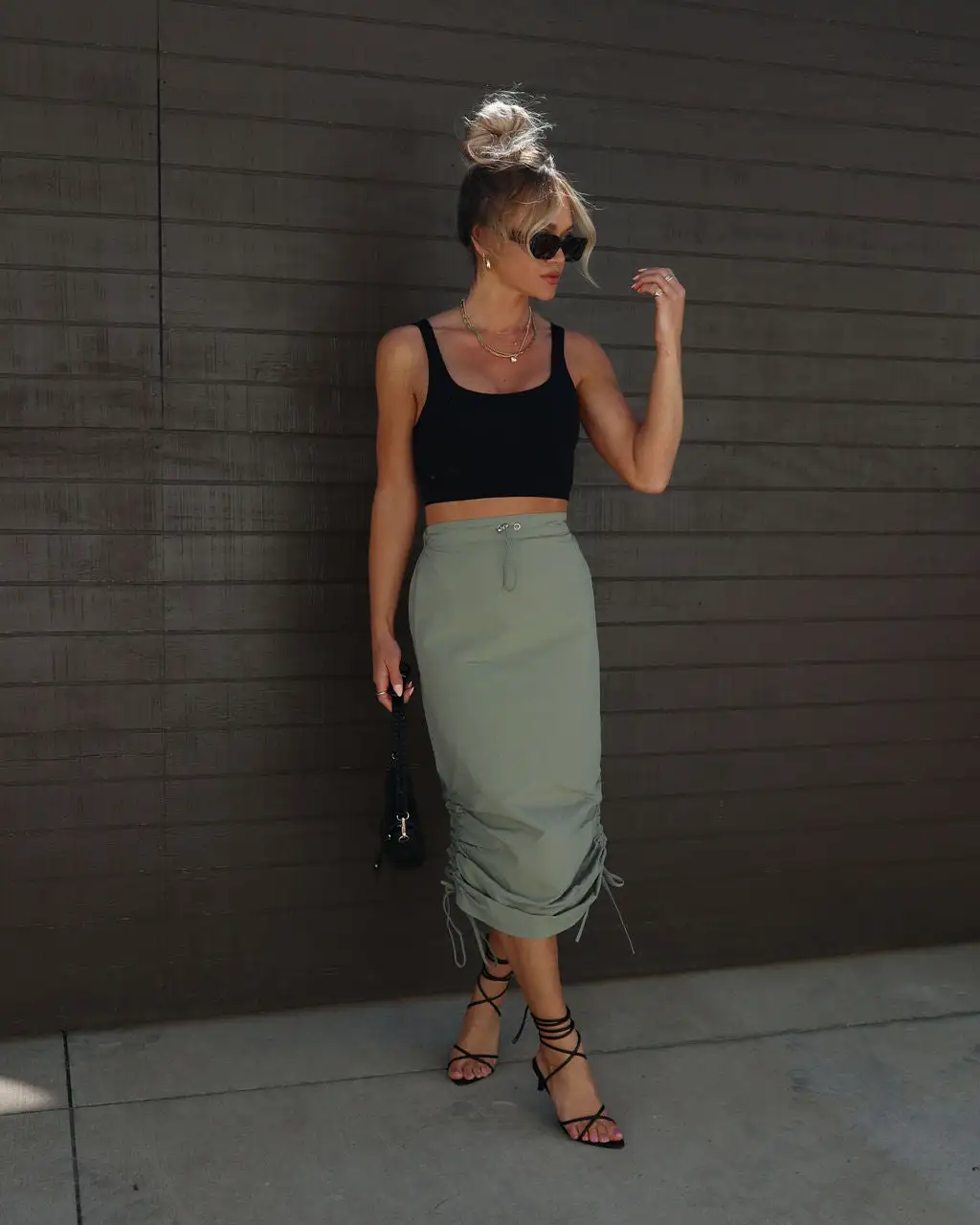 MAY -001 Ava Nylon Ruched Midi Skirt - Dusty Olive 6 MAY -001 Ava Nylon Ruched Midi Skirt - Dusty Olive - Image 6