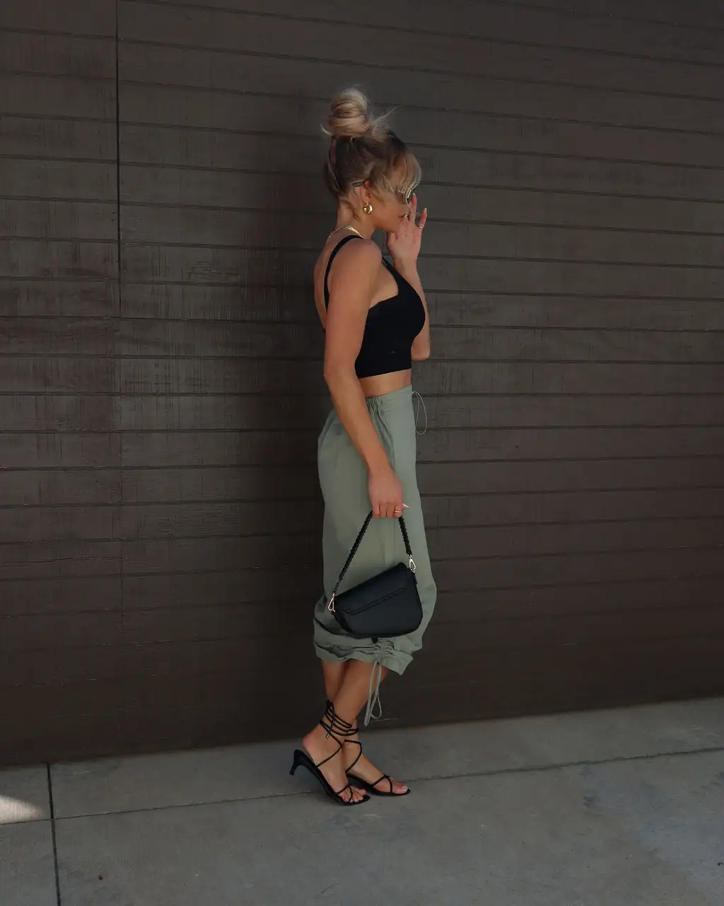 MAY -001 Ava Nylon Ruched Midi Skirt - Dusty Olive 5 MAY -001 Ava Nylon Ruched Midi Skirt - Dusty Olive - Image 5