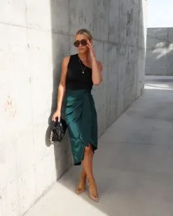 DRES-001 Evita Satin Wrap Midi Skirt - Dark Green - FINAL SALE