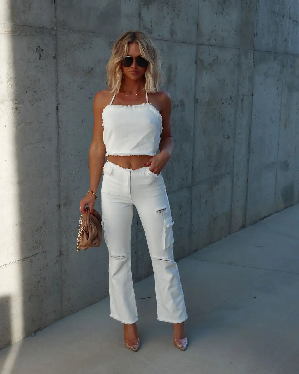 FATE-001 Such A Vibe Frayed Cotton Cargo Pants - White - SALE 1 FATE-001 Such A Vibe Frayed Cotton Cargo Pants - White - SALE