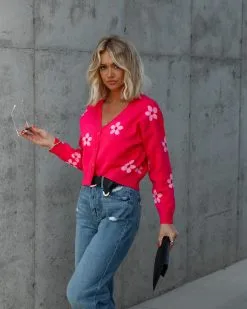 Sweetest Daisy Button Front Cardigan - Fuchsia - SALE
