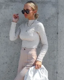 SHE -001 Korey Textured Long Sleeve Bodysuit - Beige - FINAL SALE