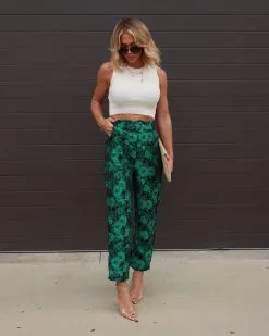 SALT-001 Karol Floral Pocketed Belted Pants - Green - FINAL SALE