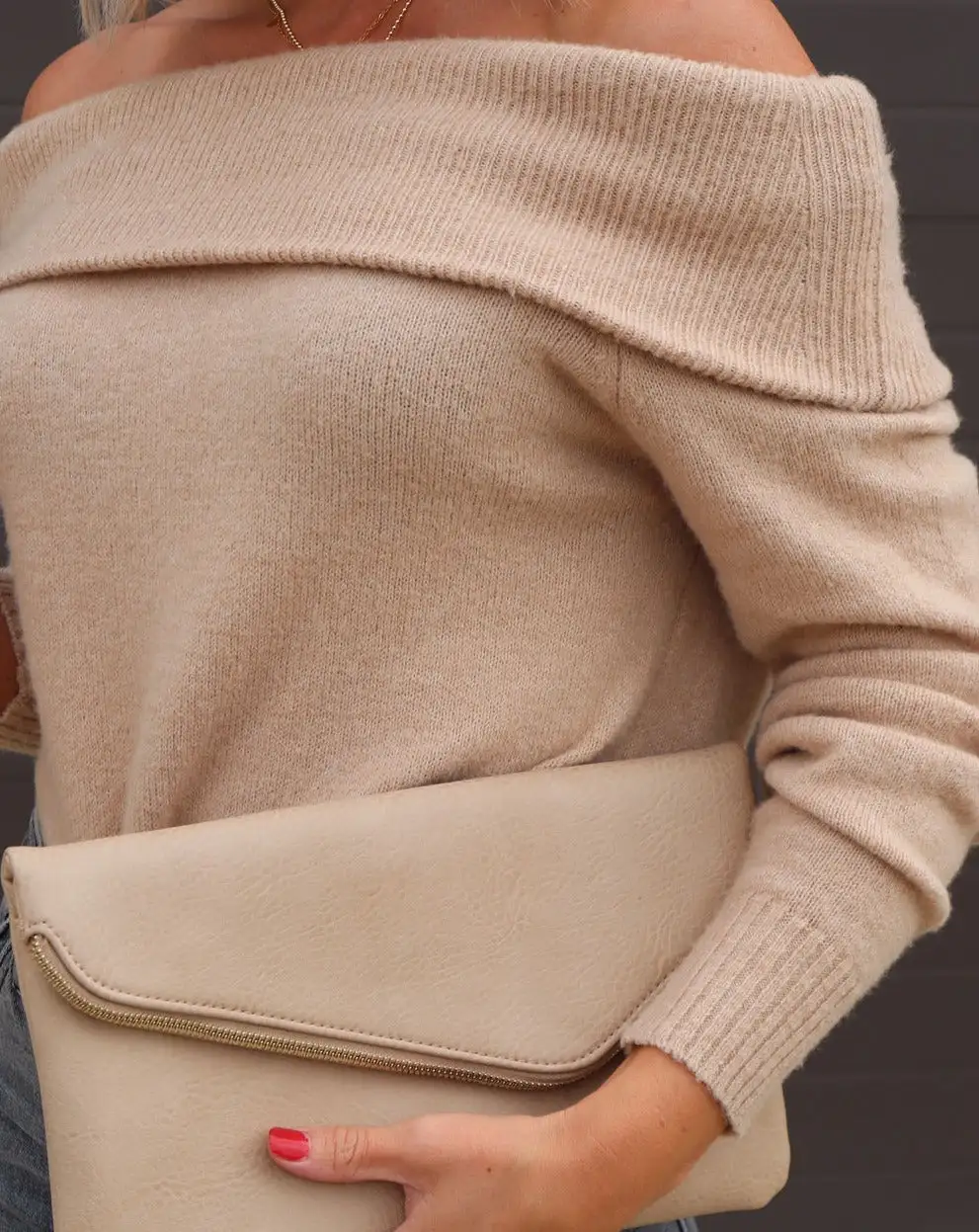 Warm Cozy Nights Off The Shoulder Knit Pullover Sweater - Camel - FINAL SALE 2 Warm Cozy Nights Off The Shoulder Knit Pullover Sweater - Camel - FINAL SALE - Image 2