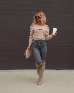 Warm Cozy Nights Off The Shoulder Knit Pullover Sweater - Camel - FINAL SALE