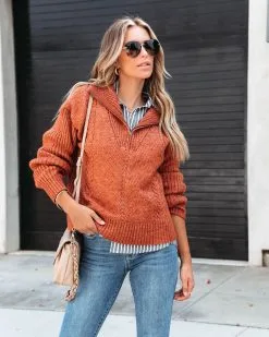 Fall Thrills Cable Knit Half Zip Pullover Sweater - Rust - FINAL SALE