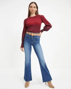 Fall Sunsets Ribbed Balloon Sleeve Pullover Sweater - Wine - FINAL SALE -clothes Sales Fall Sunsets Ribbed Balloon Sleeve Pullover Sweater 1671