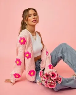 Fallen Daisy Oversized Knit Cardigan - Pink - SALE