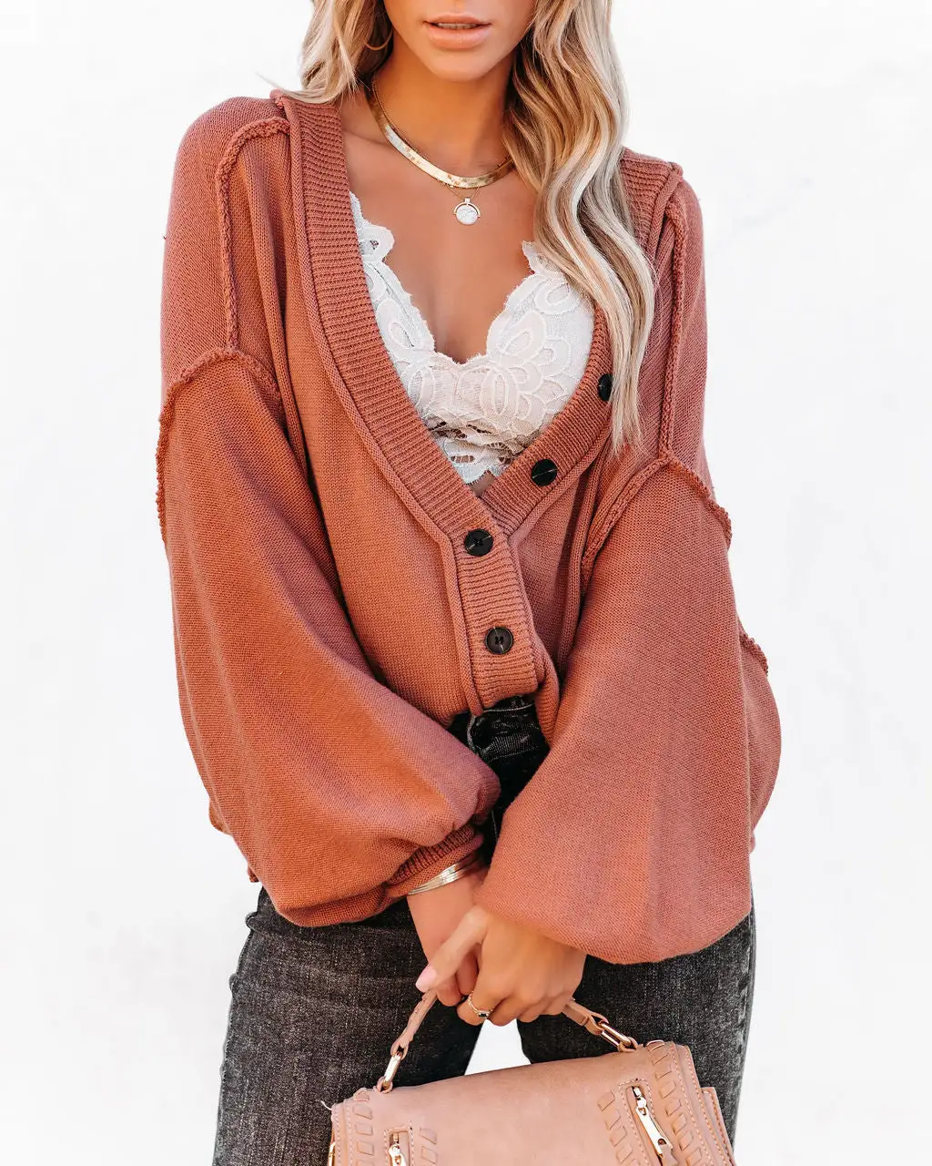 POL-001 Favor Cotton Button Front Cardigan - Clay - LAST CHANCE 5 POL-001 Favor Cotton Button Front Cardigan - Clay - LAST CHANCE - Image 5