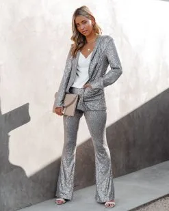 ON T-001 Festive Flair Sequin High Rise Flare Pants - Silver - FINAL SALE -clothes Sales Festivesequintwopiece silver 10