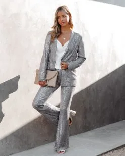 ON T-001 Festive Flair Sequin High Rise Flare Pants - Silver - FINAL SALE