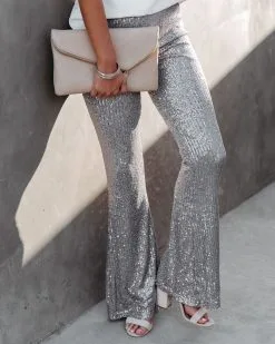 ON T-001 Festive Flair Sequin High Rise Flare Pants - Silver - FINAL SALE -clothes Sales Festivesequintwopiece silver 21