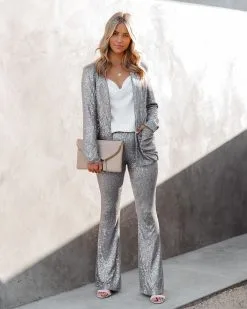 ON T-001 Festive Flair Sequin High Rise Flare Pants - Silver - FINAL SALE -clothes Sales Festivesequintwopiece silver 9
