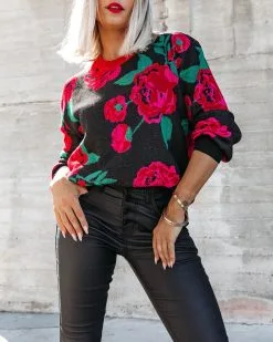 Forever Ours Floral Knit Pullover Sweater - Black - FINAL SALE -clothes Sales ForeverOursFloralKnitPulloverSweaterBlack98
