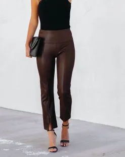 Freedom Faux Leather Slit Front Pants - Brown - FINAL SALE -clothes Sales FreedomFauxLeatherSlitFrontPantsBrown117