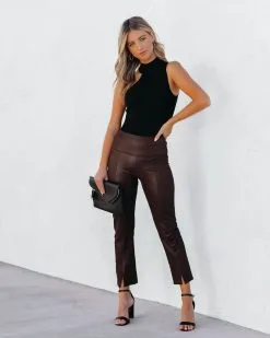 Freedom Faux Leather Slit Front Pants - Brown - FINAL SALE -clothes Sales FreedomFauxLeatherSlitFrontPantsBrown15