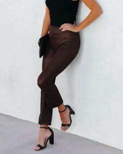 Freedom Faux Leather Slit Front Pants - Brown - FINAL SALE -clothes Sales FreedomFauxLeatherSlitFrontPantsBrown179