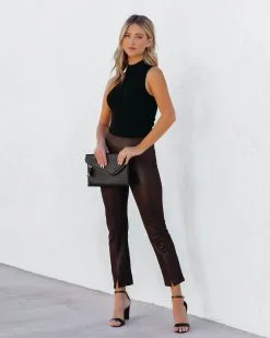 Freedom Faux Leather Slit Front Pants - Brown - FINAL SALE -clothes Sales FreedomFauxLeatherSlitFrontPantsBrown20