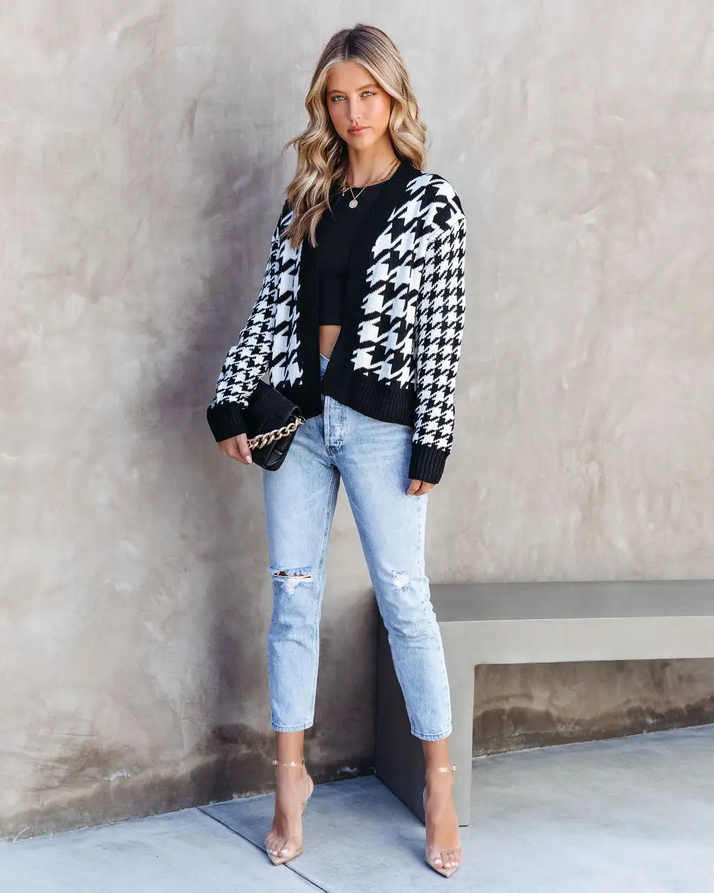 Front Page Headlines Houndstooth Knit Open Front Cardigan - SALE 1 Front Page Headlines Houndstooth Knit Open Front Cardigan - SALE