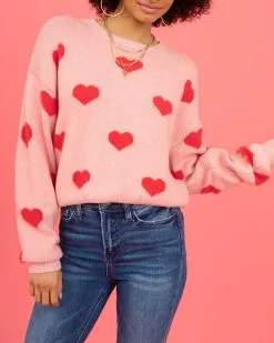 Fuzzy Hearts Knit Sweater - Pink - SALE