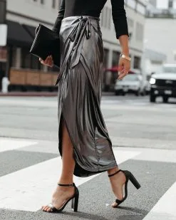 ON T-001 Ginn Metallic Wrap Midi Skirt - Gunmetal - FINAL SALE -clothes Sales GinnMetallicWrapMidiSkirtGunmetal124