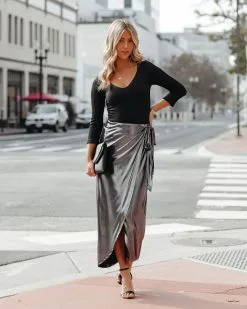 ON T-001 Ginn Metallic Wrap Midi Skirt - Gunmetal - FINAL SALE -clothes Sales GinnMetallicWrapMidiSkirtGunmetal13