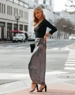 ON T-001 Ginn Metallic Wrap Midi Skirt - Gunmetal - FINAL SALE -clothes Sales GinnMetallicWrapMidiSkirtGunmetal24