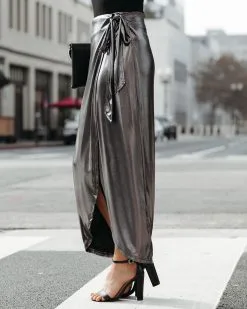 ON T-001 Ginn Metallic Wrap Midi Skirt - Gunmetal - FINAL SALE -clothes Sales GinnMetallicWrapMidiSkirtGunmetal83
