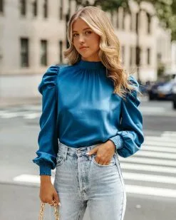 Go Getter Statement Sleeve Blouse - Blue - FINAL SALE -clothes Sales GoBetterStatementSleeveBlouseBlue113