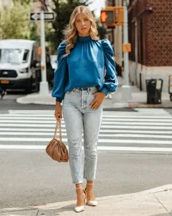 Go Getter Statement Sleeve Blouse - Blue - FINAL SALE -clothes Sales GoBetterStatementSleeveBlouseBlue2